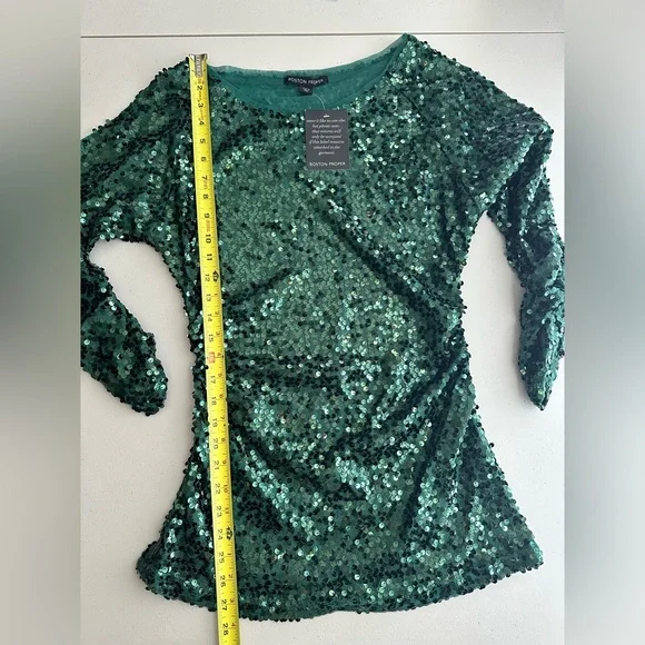 BOSTON PROPER Sequined Emerald Cold-Shoulder Blouse Top NWT Women’s Size Medium - Picture 11 of 11